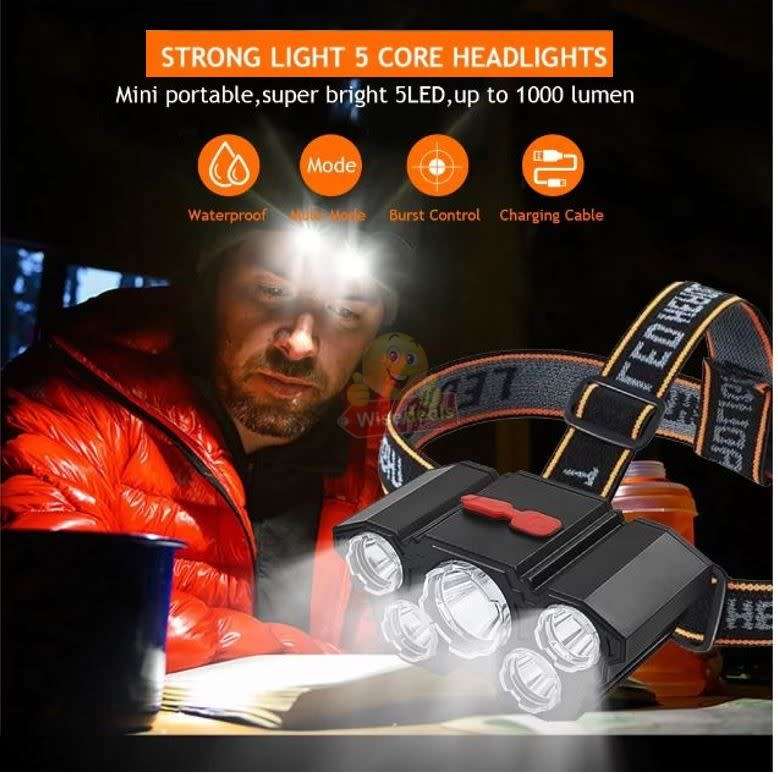 LED 5 Headlight with USB Charging, 4 Light Modes, Waterproof and High Brightness
