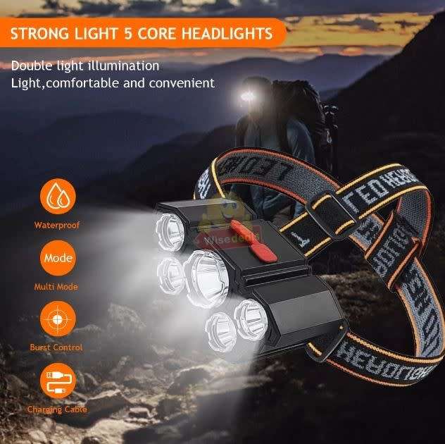 LED 5 Headlight with USB Charging, 4 Light Modes, Waterproof and High Brightness