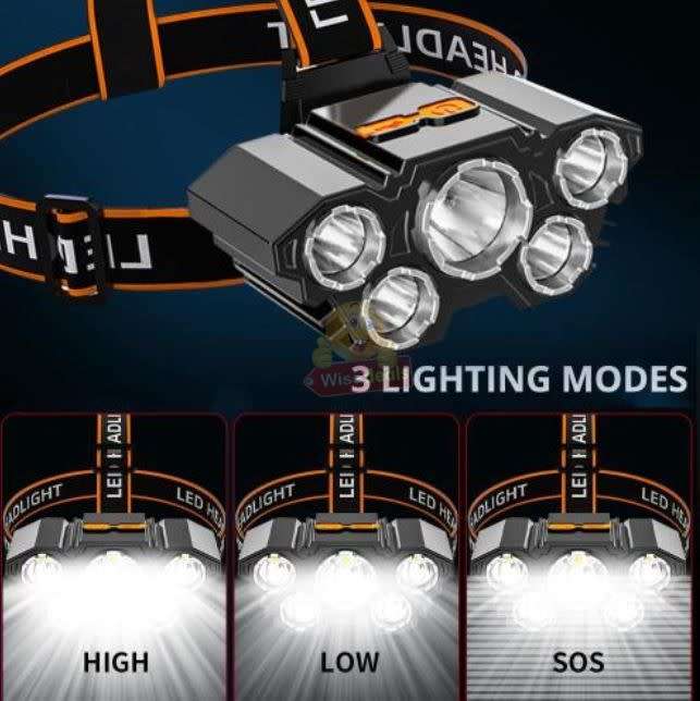 LED 5 Headlight with USB Charging, 4 Light Modes, Waterproof and High Brightness