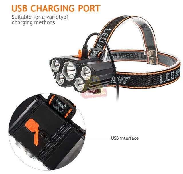 LED 5 Headlight with USB Charging, 4 Light Modes, Waterproof and High Brightness