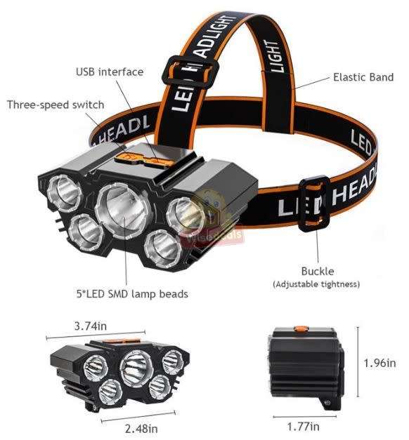 LED 5 Headlight with USB Charging, 4 Light Modes, Waterproof and High Brightness