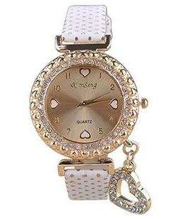 Ladies Leather Wrist Watch with Crystal Heart Pendant