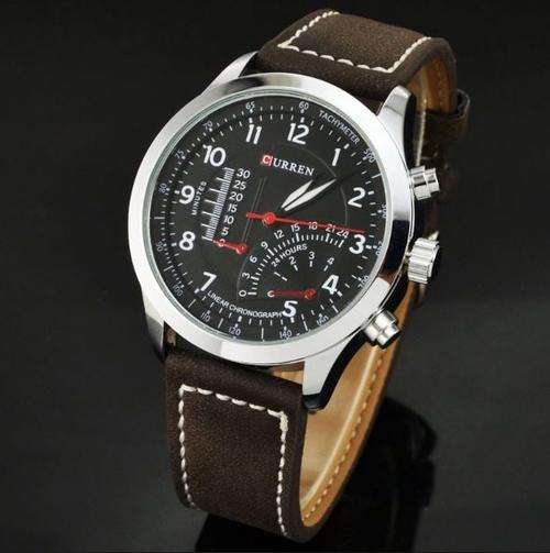 CURREN 8152 - Men's Military Leather Wrist Watch - Black & Silver