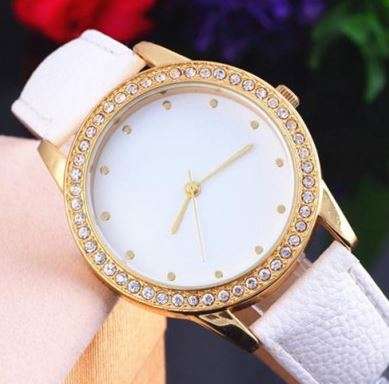 Elegant Ladies Leather Geneva Crystal Wrist Watch - White