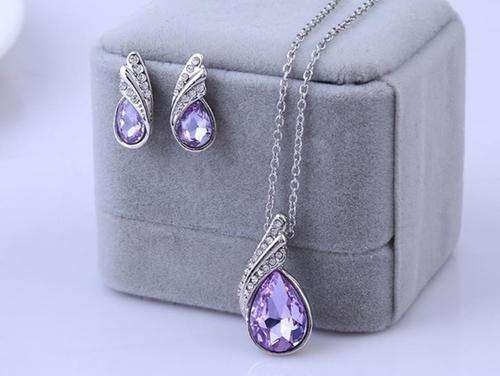 Equisite Sterling Silver Double Layer Lilac Crystal Teardrop Shaped Juwellery Set