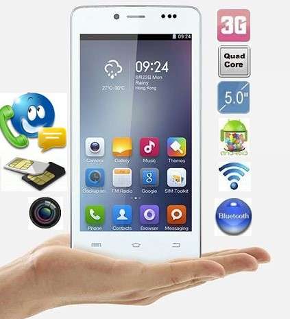 5" Android Quad Core Smartphone, Wi-Fi, 3G, Dual Sim Cards, GPS, Build in Wi-Fi, WAP, Bluetooth, OTG