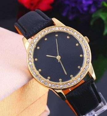 Elegant Ladies Leather Geneva Crystal Wrist Watch - Black