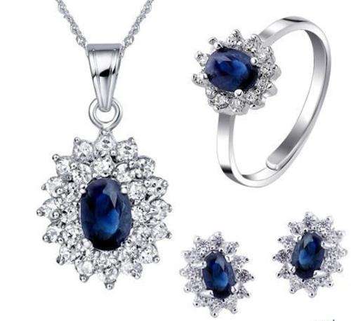 Elegant Princess Kate Look Alike Blue Sapphire Jewellery Set - Ring sizes in Description