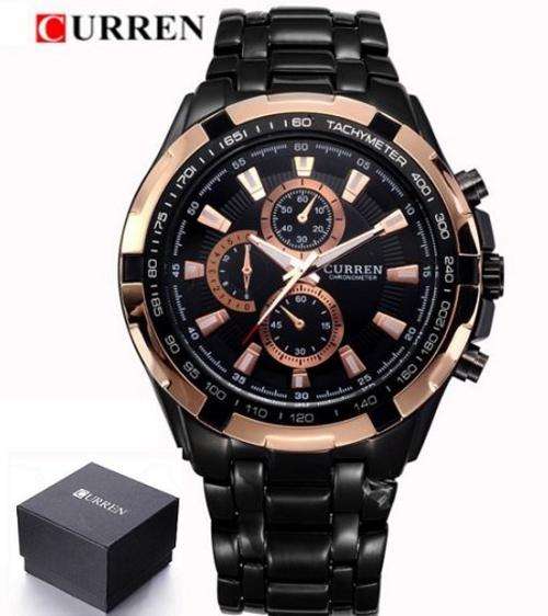 Elegant CURREN Military Mens Quartz Wrist Watch With Stainless Steel Strap - Black and Gold