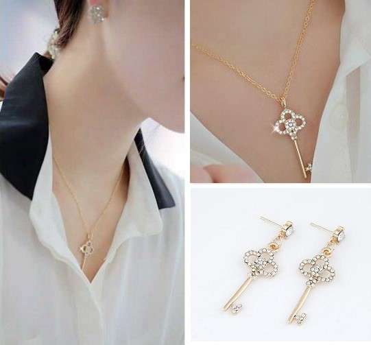 Elegant Rosegold Key Necklace With Austrian Crystals - RECEIVE MATCHING EARRINGS ABSOLUTELY FREE!!!