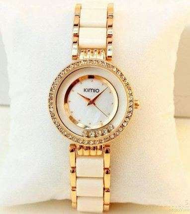 Elegant Ladies Stainless Steel White & Gold KIMIO Diamante Wrist Watch - Perfect Christmas Gift
