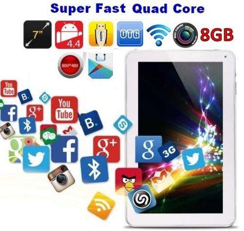 7" Quad Core, Android 4.4. Tablet PC, 8GB, Dual Cameras, Wi-Fi, Bluetooth etc. in 6 Colours below