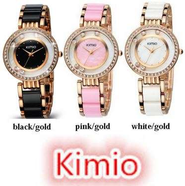 Elegant Ladies KIMIO Branded Diamante Wrist Watches in Pink & Gold, White & Gold and Black & Gold