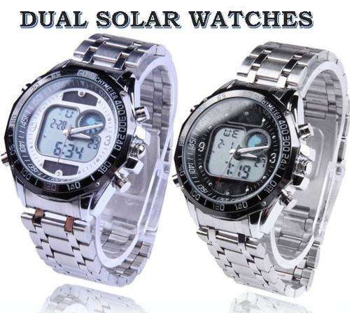 Elegant Military Mens Solar Dual Wrist Watch With Stainless Steel Strap - Black / White Face