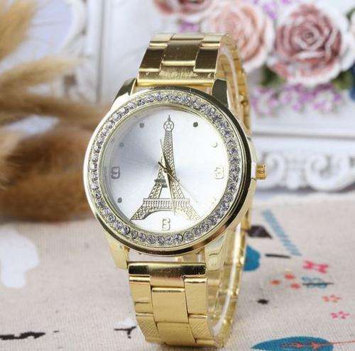 Elegant Paris Eiffel Tower Golden Stainless Steel Rhinestone Ladies Wrist Watch