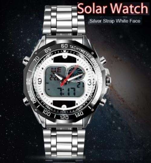 Elegant Military Mens Dual Solar Wrist Watch With Stainless Steel Strap - White
