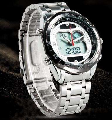 Elegant Military Mens Dual Solar Wrist Watch With Stainless Steel Strap - White