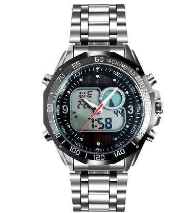 Elegant Military Mens Dual Solar Wrist Watch With Stainless Steel Strap - Black