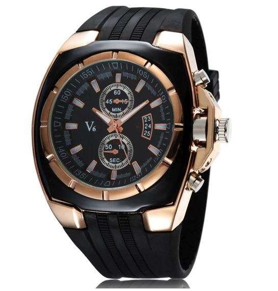 Elegant V6 Business Quartz Wrist Watch With Silicone Strap In Gold & Black - Professional Look