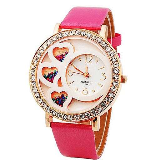 Elegant Ladies Crystal Filled Tripple Heart Wrist Watch - Rosepink