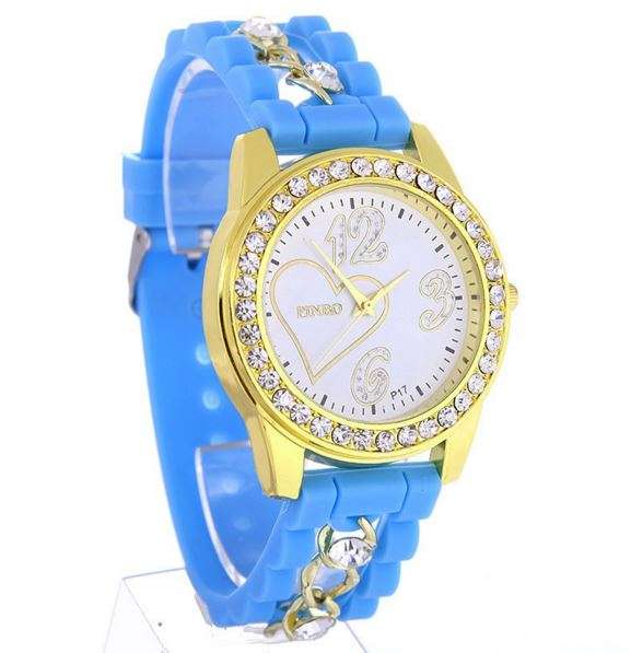 Elegant Ladies Crystal Quartz Heart Design Wrist Watch With Durable Silicone Strap in Blue