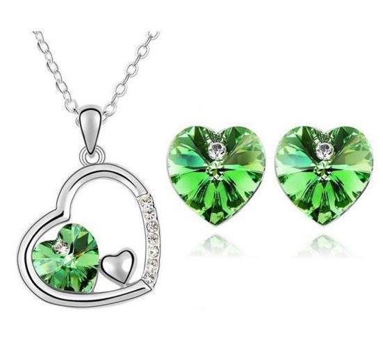 Elegant 18K White Gold Plated Floating Heart Jewelry Set With Austrian Crystals in Olive