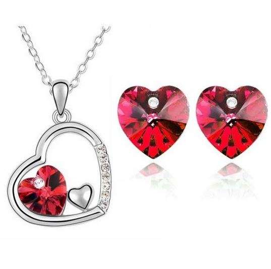 Elegant 18K White Gold Plated Floating Heart Jewelry Set With Austrian Crystals in Red