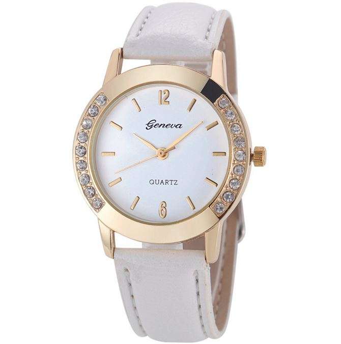 Luxury Leather Geneva Quartz Crystal Wrist Watch - White or Black Strap