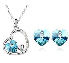 Elegant 18K White Gold Plated Floating Heart Jewelry Set With Austrian Crystals in Light Blue