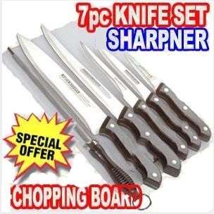 7 Piece Stainless Steel Knife Set - 5 Knifes Including Sharpener and Cutting Board