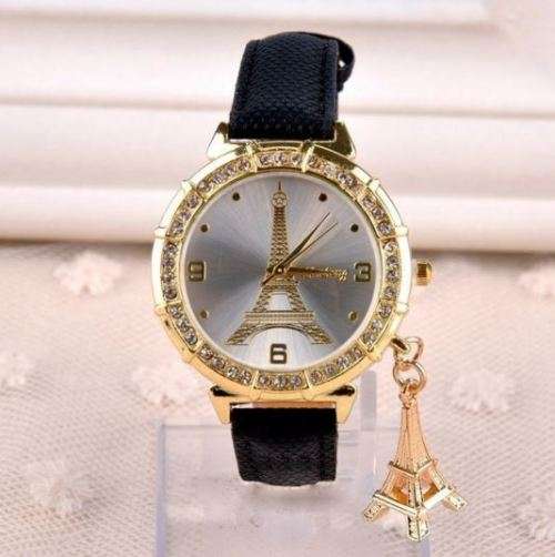 Luxury Ladies Leather Eiffel Tower Quartz Wrist Watch With Eiffel Tower Pendant in Black
