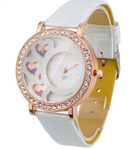 Equisite Ladies Rosegold Crystal Filled Tripple Heart Wrist Watch in White