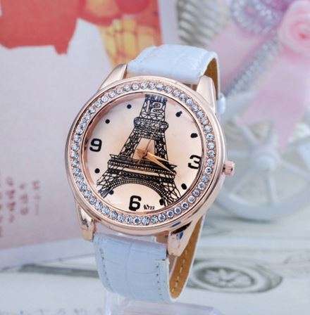 Luxury Leather Paris Eiffel Tower Inprint Crystal Ladies Wrist Watch In White
