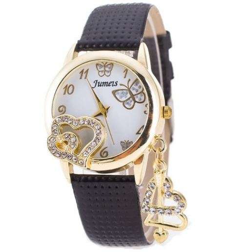 Ladies Black Leather Heart Pendant Wrist Watch in Complimentary Gift Box