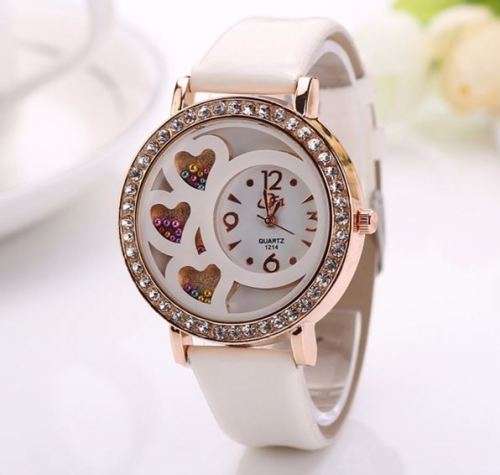 Equisite Ladies Coloured Rhinestone Filled Tripple Heart Wrist Watch in White