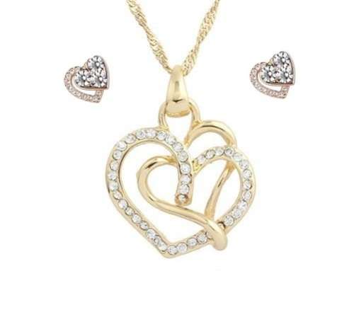 Elegant Gold Plated Double Heart with Swarovski Elements & FREE HEART SHAPED EARRINGS