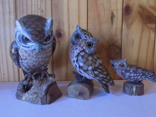 Set of Three Superb Wooden Carved Owls