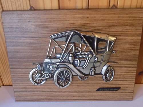 Wall Hanging with Mounted Tin Metal Plaque of 1910 Ford Tin Lizzie