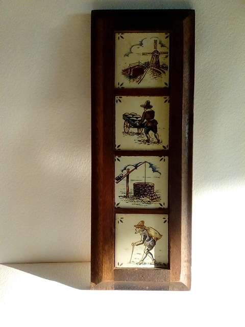 Old Wooden Wall Hanging Frame with Four Small Dutch Tiles