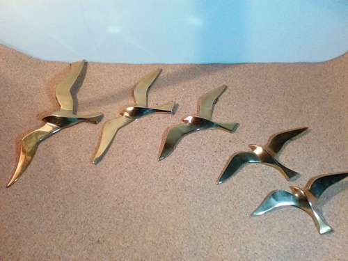 Flock of Five Brass Cast Bird Wall Hangings