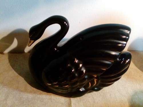 Vintage Large Glazed Ceramic Black & Gold Swan