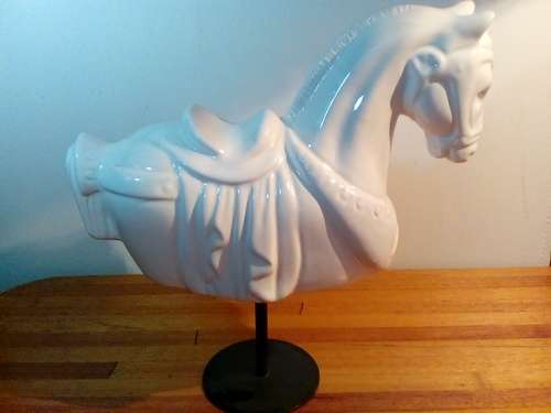 Glazed White Ceramic Horse on a Stand for Home Decor