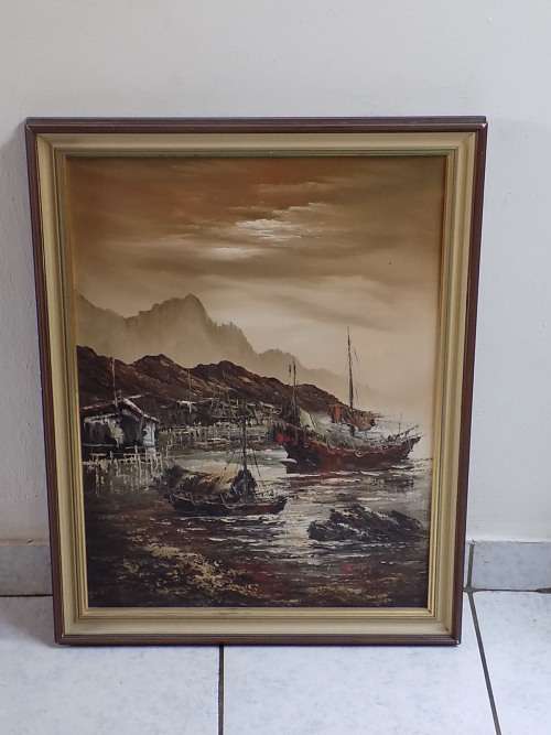 Large Framed Oil Painting of Oriental Fishing Vessels under a Stormy Sky