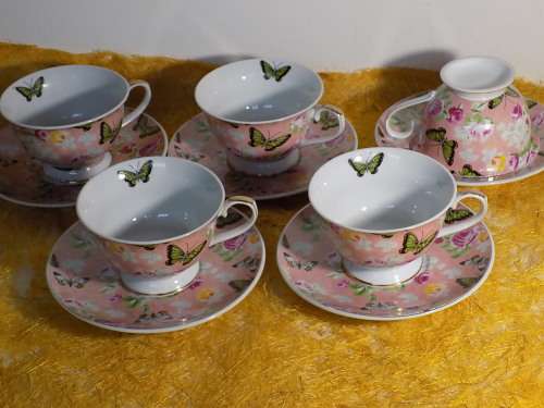 Set of Five Butterflies & Roses Tea Cups & Saucers