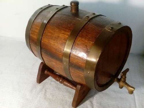 Large Wooden Cask with Brass Strips & Tap on Carved Stand
