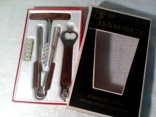 Vintage Stainless Steel & Wood Three Piece Bar Set (Ref 102)