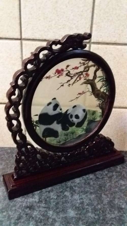 Fine Stitch Imagery of Panda's on Swivel Ornate Oriental Stand