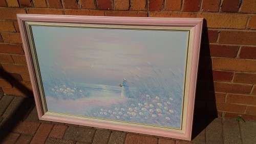 Large Serene Seascape Painting in Soft Shades of Pink & Blue - Collection Only