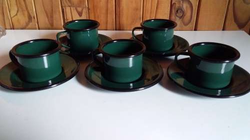 Five x Enamelware Small Cups and Saucers for One Bid