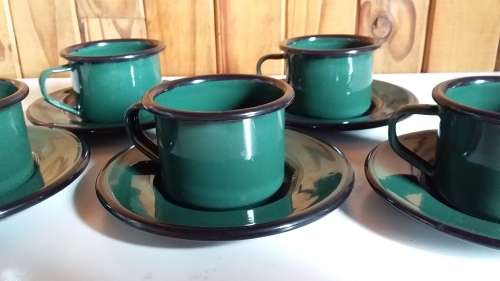 Five x Enamelware Small Cups and Saucers for One Bid